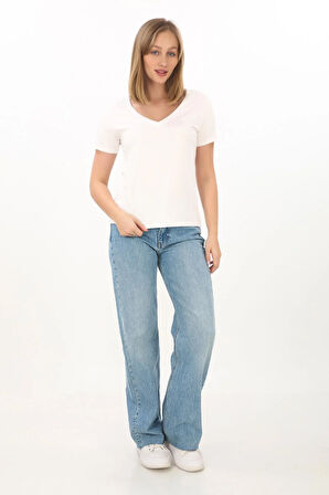 Viskon Dökümlü V Yaka Tişört-Ekru