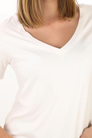 Viskon Dökümlü V Yaka Tişört-Ekru