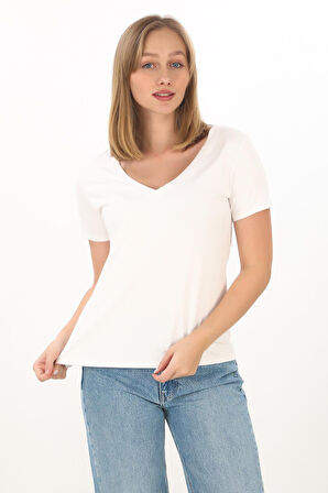 Viskon Dökümlü V Yaka Tişört-Ekru