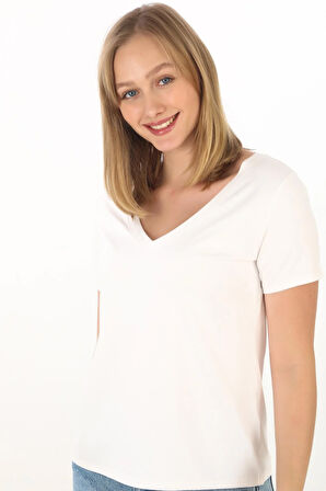 Viskon Dökümlü V Yaka Tişört-Ekru