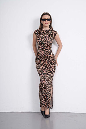 Leopar Desen Uzun Elbise-Leopar