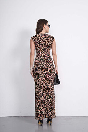 Leopar Desen Uzun Elbise-Leopar