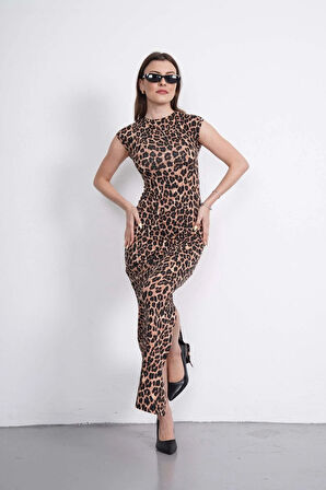 Leopar Desen Uzun Elbise-Leopar