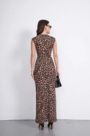 Leopar Desen Uzun Elbise-Leopar