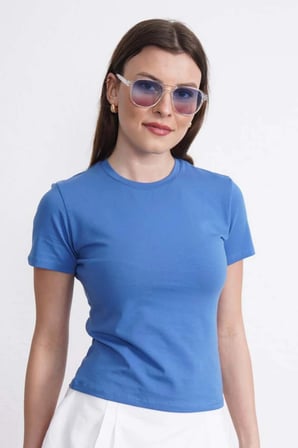 Crop Slim Fit Pamuk Likra Tişört-Koyu Mavi