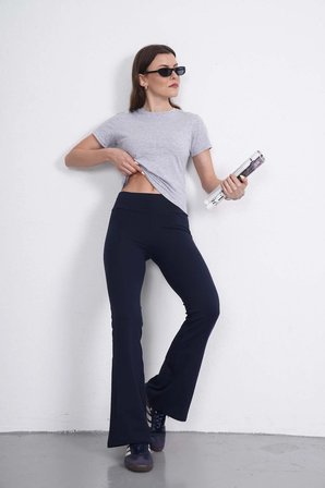 Crop Slim Fit Pamuk Likra Tişört-Gri Melanj