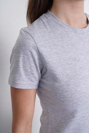 Crop Slim Fit Pamuk Likra Tişört-Gri Melanj
