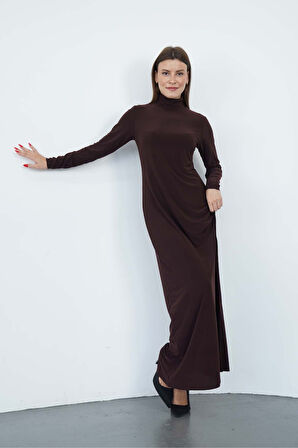 Dora Kadın Maxi Boy Balıkçı Yaka Sandy Elbise-Kahverengi