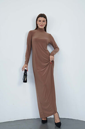 Dora Kadın Maxi Boy Balıkçı Yaka Sandy Elbise-Tarçın