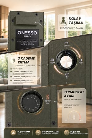 ONESSO PRO 4000W Sessiz Elektrikli Fanlı Isıtıcı - 3 Modlu Termostatlı (40m²'ye Kadar Etkili, 2sn Hızlı Isınma, Ev & Ofis & Atölye) 2 Yıl Garantili