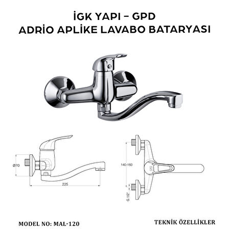 İGK YAPI - GPD MAL120 Adrio Aplike Lavabo Bataryası