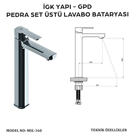 İGK YAPI - GPD MSL160 Pedra Set Üstü Lavabo Bataryası