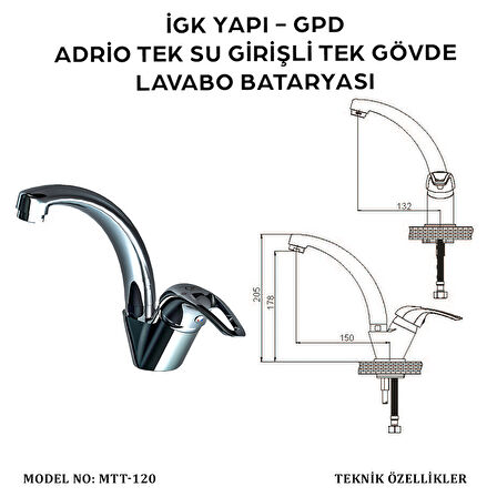 İGK YAPI - GPD MTT120 Adrio Tek Su Girişli Tek Gövde Lavabo Bataryası