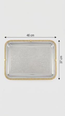 Büyük Boy Gold Örgü Kenarlı Lazer İşlemeli Paslanmaz Metal Sunum Tepsi (46x37 cm)