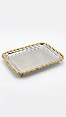 Gold Örgü Kenarlı Lazer İşlemeli Paslanmaz Metal Sunum Tepsi (41x31 cm)