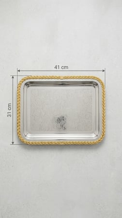 Gold Örgü Kenarlı Lazer İşlemeli Paslanmaz Metal Sunum Tepsi (41x31 cm)