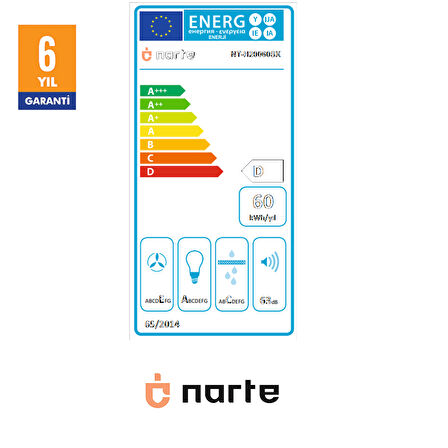 NARTE -H20060W 60 CM Beyaz Cam Inox Çıtalı Eğimli Davlumbaz - 6 YIL GARANTİLİ