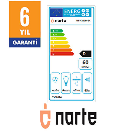 NARTE -H20060S 60 CM Gri Cam Inox Çıtalı Eğimli Davlumbaz - 6 YIL GARANTİLİ