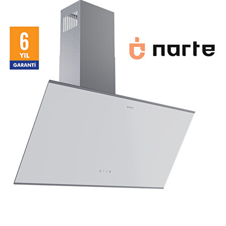 NARTE -H20090W 90 CM Beyaz Cam Inox Çıtalı Eğimli Davlumbaz - 6 YIL GARANTİLİ