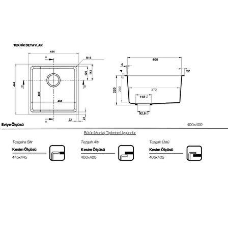 Real Stone Steep 40x40 Beyaz Granit Mutfak Eviyesi