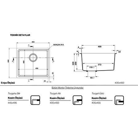 Real Stone Steep 45x40 Krem Granit Mutfak Eviyesi