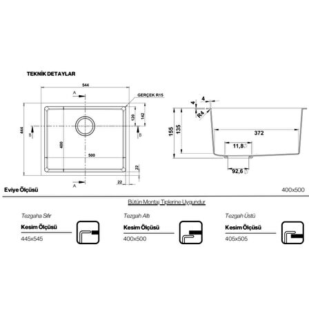 Real Stone Steep 50x40 Antrasit Granit Mutfak Eviyesi