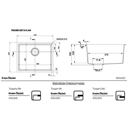 Real Stone Steep 50x40 Gri Granit Mutfak Eviyesi