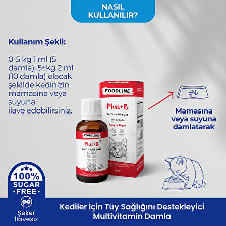 Foodline Kediler için Plus +B Damla 50 ml | Tüy Sağlığını Destekleyici Biotinli Multivitamin