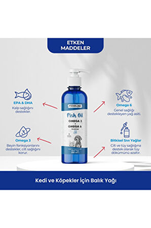 Foodline Fish Oil 200 ml | Omega 3&6 İçerikli Balık Yağı | Kedi ve Köpekler İçin Tüy ve Genel Sağlık Destekleyici