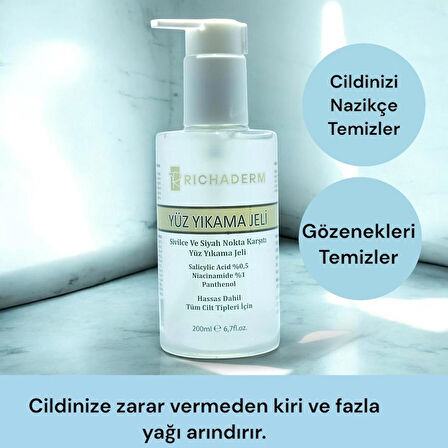  Richaderm Siyah Nokta Karşıtı Yüz Yıkama Jeli - Gözenek Arındırıcı, Yağ Dengeleyici, 200 ml