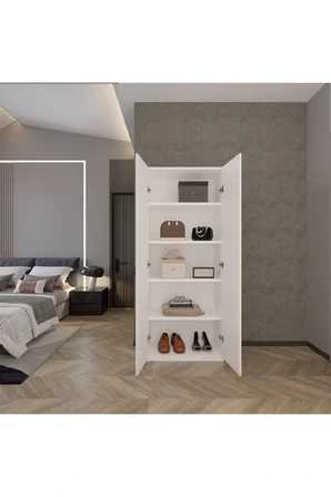 2 Kapaklı 5 Katlı Çok Amaçlı Atlantik Beyaz Elbise Dolabı 70 Cm