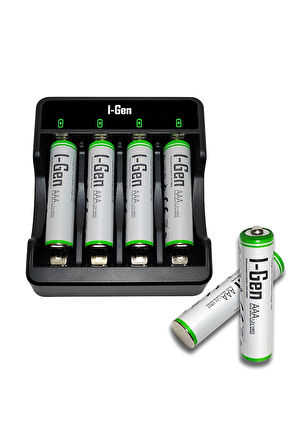 I-Gen G490 4 x USB Pil Şarj Cihazı 4 Adet 900 Mah AAA Kalem Pilli Set,4 adet 900 AAA Pil + 4lü Şarj Aleti