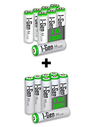 I-Gen B182 16'lı Paket Şarjlı Pil 8 Adet AA 2700 mAh Şarjlı Kalem Pil + 8 Adet AAA 900 mAh Şarjlı İnce Kalem Pil 1.2V NI-MH