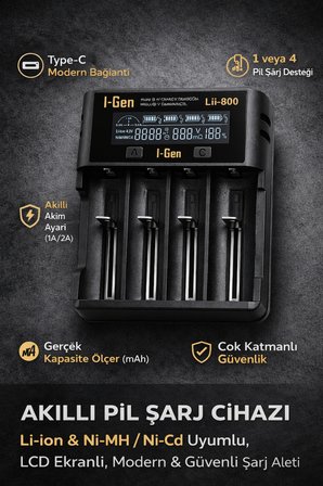 I-Gen Lii-800 Akıllı Li-Ion Pil Şarj Cihazı, Type-C Girişli, LCD Ekranlı, 4 Slot Şarj, Li-Ion & Ni-Mh Uyumlu (18650 / 21700 / Aa / Aaa)