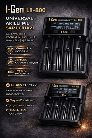 I-Gen Lii-800 Akıllı Li-Ion Pil Şarj Cihazı, Type-C Girişli, LCD Ekranlı, 4 Slot Şarj, Li-Ion & Ni-Mh Uyumlu (18650 / 21700 / Aa / Aaa)