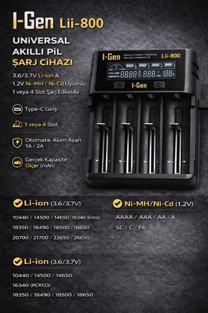 I-Gen G428 4'lü 18650 Li-Ion Akıllı Pil Şarj Aleti + 4 Adet 18650 2000MAH 3c 3.7V 7.4 Wh Li-Ion Pil Seti