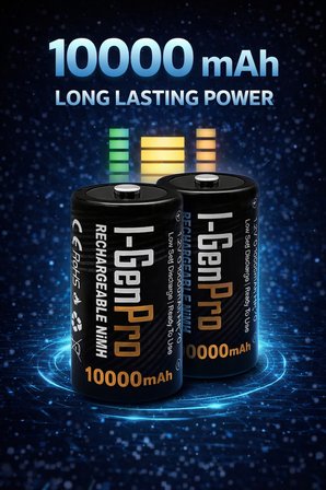 I-Gen G32D 2'li Aa/aaa/c/d Pil Şarj Aleti + 2 Adet Pro D 10.000 Mah 1.2V Ni-Mh Şarjlı D Büyük Boy Pilli Set