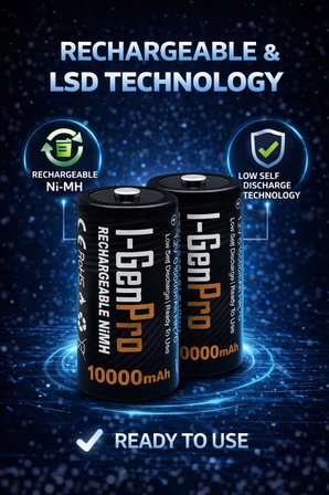 I-Gen G32D 2'li Aa/aaa/c/d Pil Şarj Aleti + 2 Adet Pro D 10.000 Mah 1.2V Ni-Mh Şarjlı D Büyük Boy Pilli Set