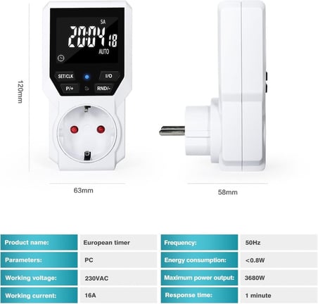 WellHise TM07 Dijital Zaman Ayarlı Priz - VA Ekranlı 24 Saat Programlanabilir 16A 3680W
