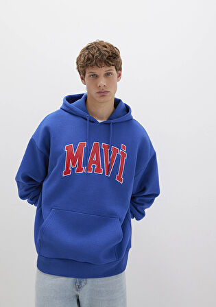 Mavi Logo Baskılı Kapüşonlu Mavi Sweatshirt 067149-70907
