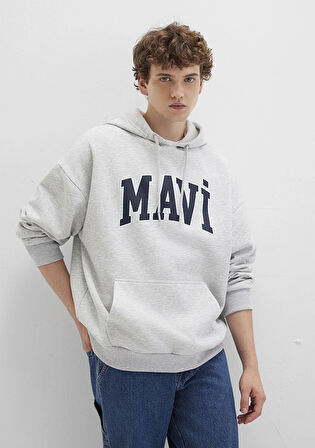 Mavi Logo Baskılı Kapüşonlu Gri Sweatshirt 067149-80196