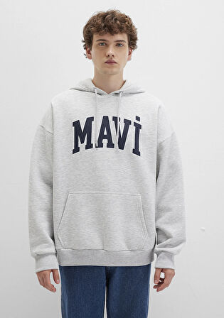 Mavi Logo Baskılı Kapüşonlu Gri Sweatshirt 067149-80196
