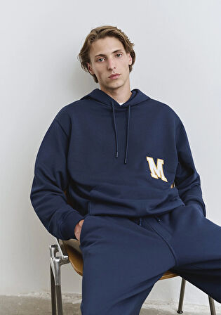 Sırt Baskılı Kapüşonlu Lacivert Sweatshirt 0S10375-89353