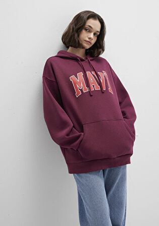 Mavi Logo Baskılı Kapüşonlu Bordo Sweatshirt 1600361-90705