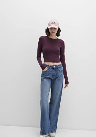 Uzun Kollu Bordo Crop Basic Tişört 1612822-70434