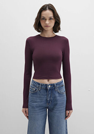 Uzun Kollu Bordo Crop Basic Tişört 1612822-70434