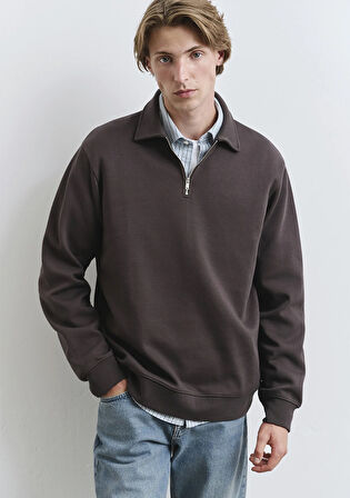 Polo Yaka Yarı Fermuarlı Kahverengi Sweatshirt 0S10414-70219