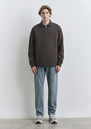 Polo Yaka Yarı Fermuarlı Kahverengi Sweatshirt 0S10414-70219