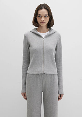 Fermuarlı Dokulu Gri Sweatshirt 1613383-80018