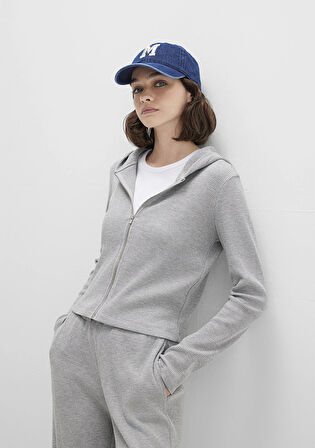 Fermuarlı Dokulu Gri Sweatshirt 1613383-80018